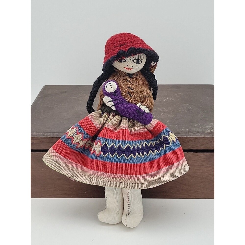 Vintage 9" Peruvian Hand Made Folk Cloth Rag Doll Baby Mom Colorful Tribal